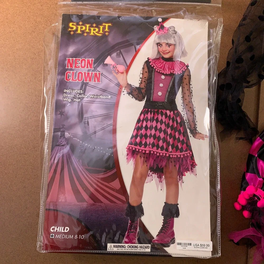 Spirit Halloween Child Medium (8-10) Pink Black Neon Clown Costume NWT *Flaw